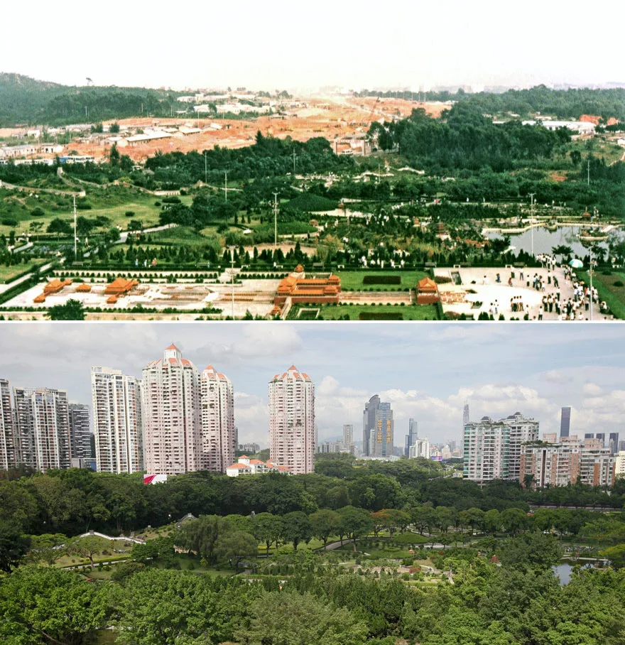 Shenzhen’s Splendid China Folk Village theme park  in 1991 and 2015. 