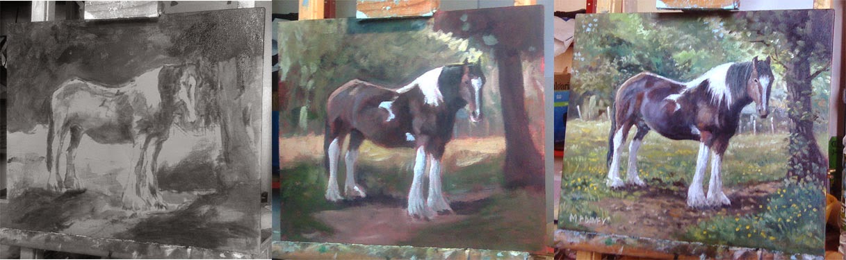 Large horse in field _WIP oil painting Artist M P Davey