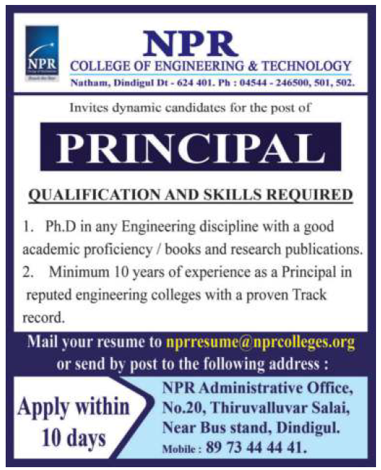 Npr College Of Engineering And Technology Dindigul Teaching Faculty Job Vacancy Faculty Teachers