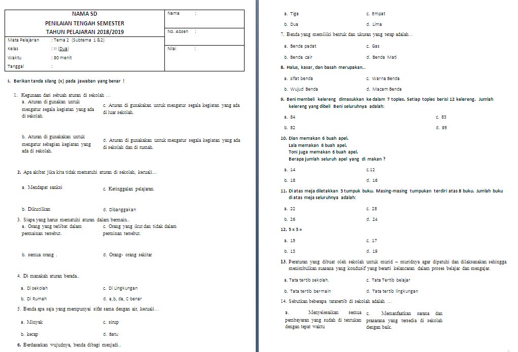 Soal PTS Kelas 2 SD/MI Tema 2 Subtema 12
