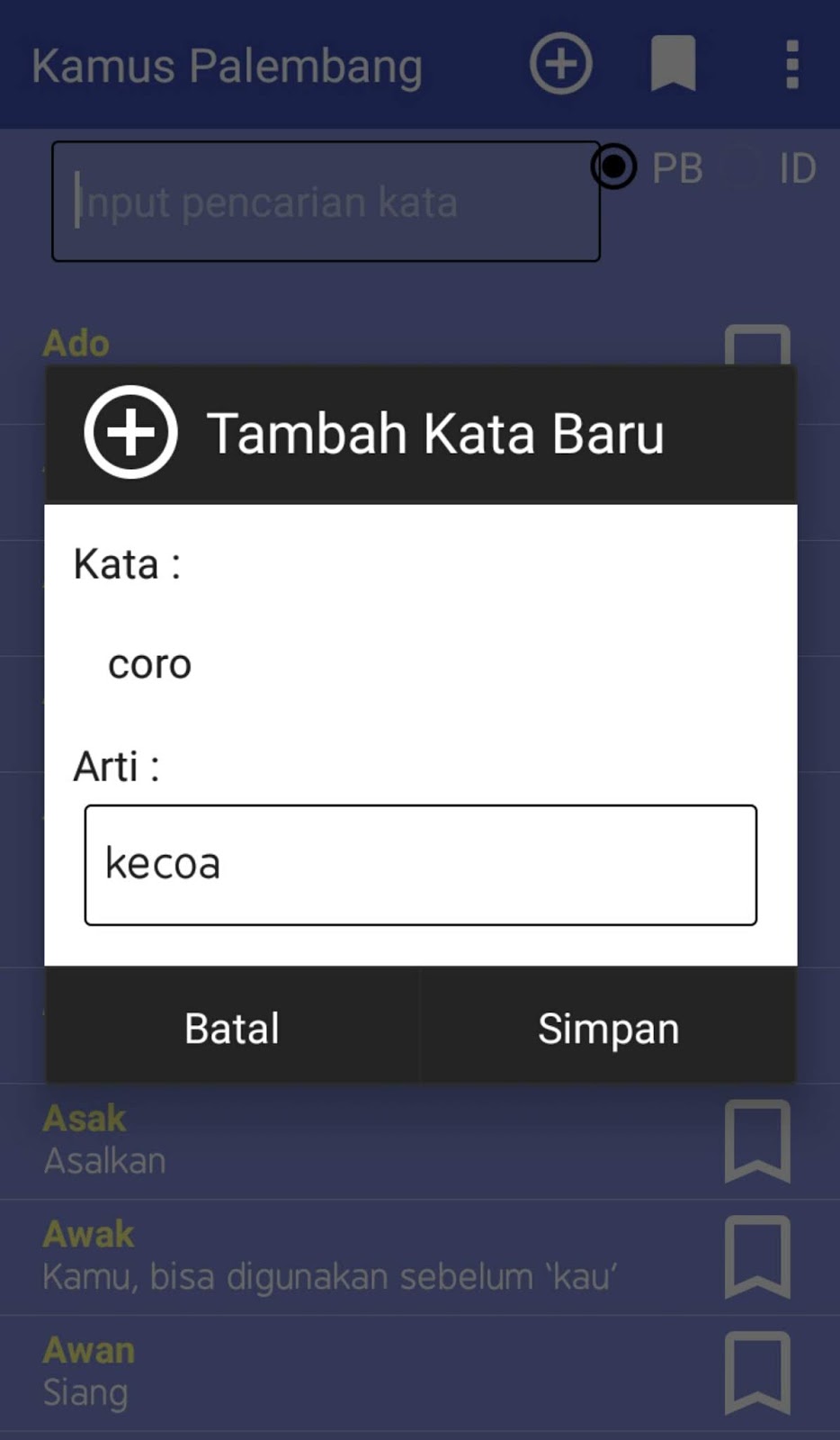 Aplikasi Kamus Bahasa Palembang Offline
