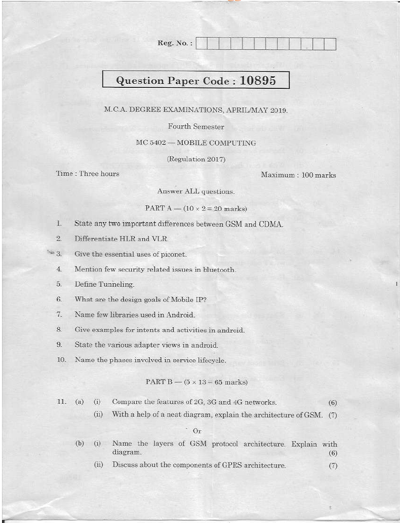 Anna University MC 5402MOBILE COMPUTING APRIL/MAY 2019 Question Paper