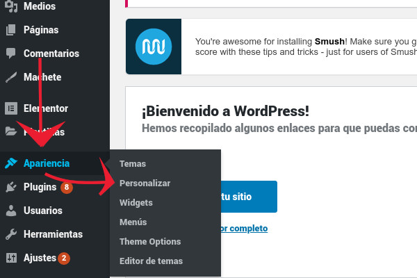 Apariencia >> Perzonalizar en WordPress Apariencia >> Perzonalizar en WordPress
