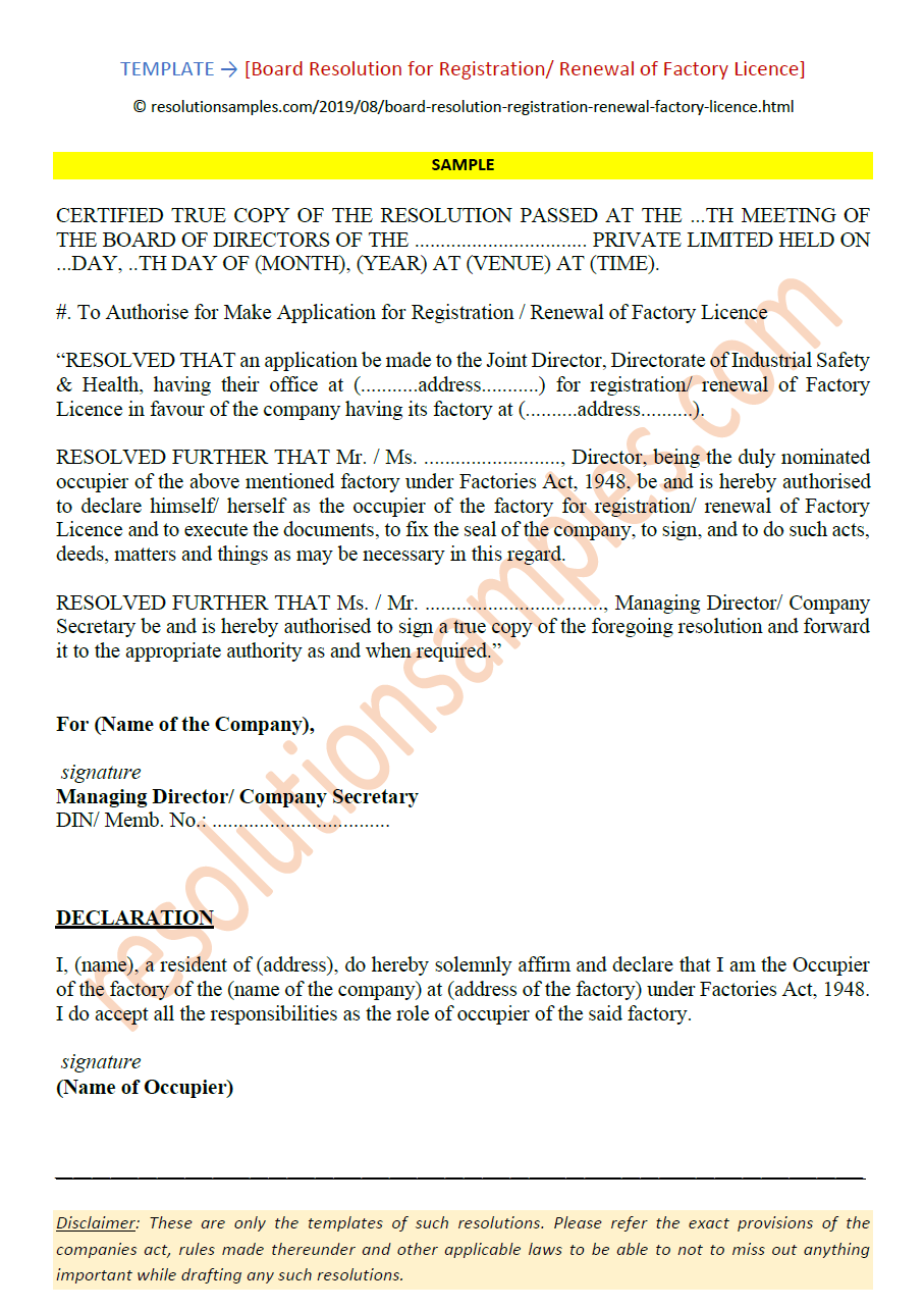 Board Resolution for Registration or Renewal of Factory Licence
