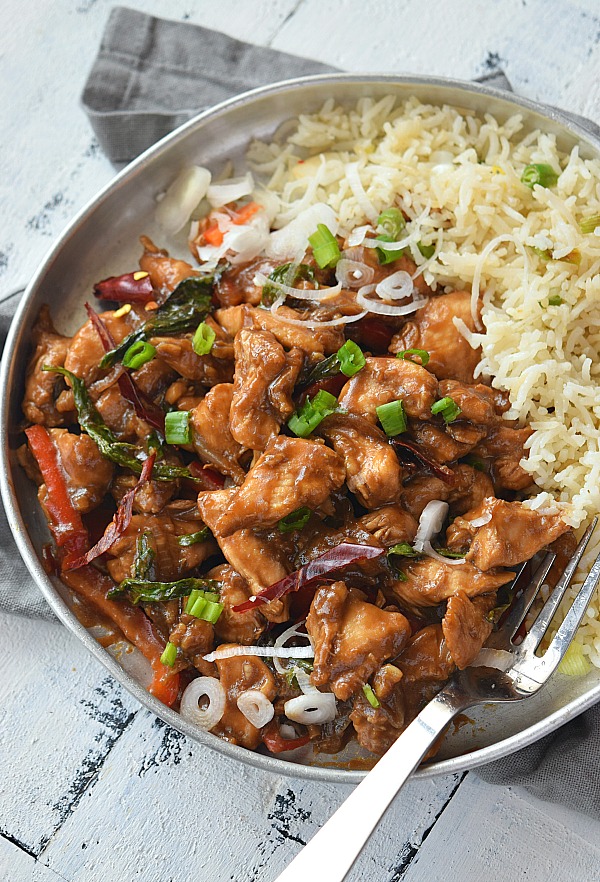 Spicy Thai Basil Chicken served with fried rice