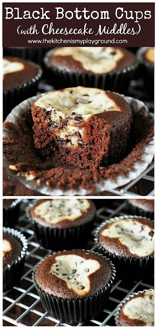 Black Bottom Cups ~ Scratch-made chocolate cake bottoms with chocolate chip cheesecake centers. So delicious, yet so easy to make!  www.thekitchenismyplayground.com