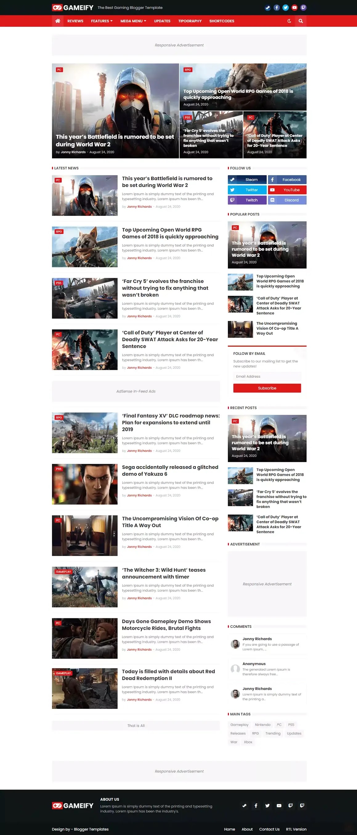 Gameify - Blog & Magazine Gaming Blogger Template
