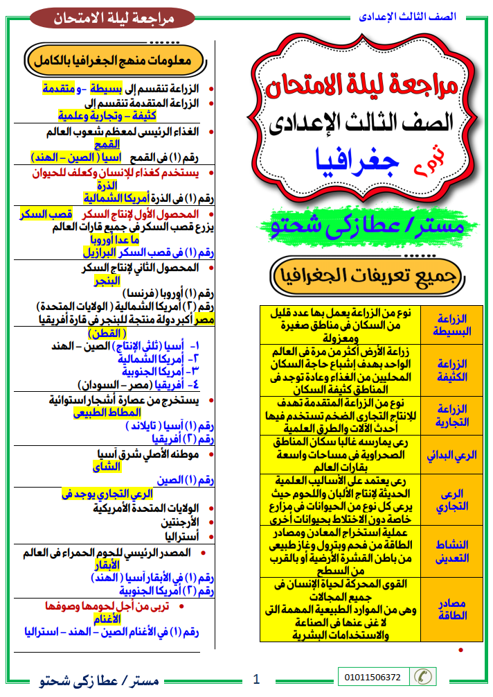 زكي شحتو - مراجعة الجغرافيا للصف الثالث الإعدادى ترم ثانى أ/ عطا زكى شحتو 1