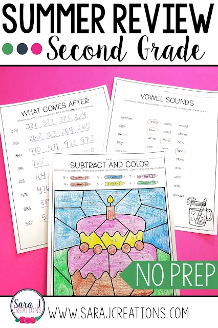 Second Grade Summer Review packet includes 80 pages of no prep work to help prevent summer slide.  Some of the topics covered telling time, fractions, money, place value, graphing, writing, sight words and more!