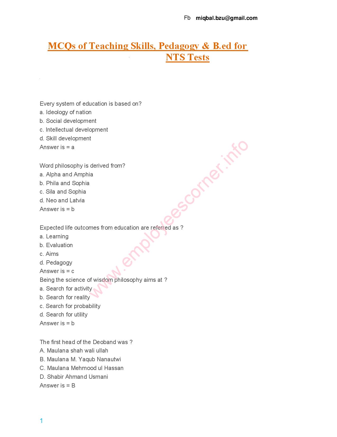 KNOWLEDGE FOR ALL MCQs OF TEACHING SKILLS AND PEDAGOGY
