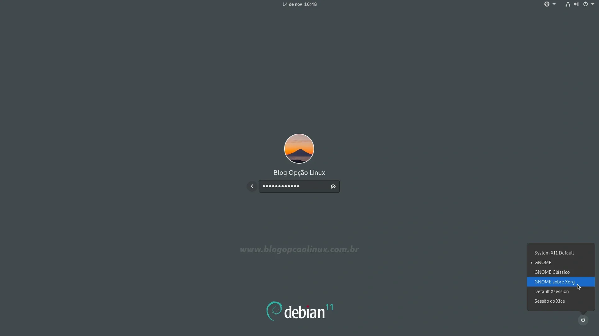 Selecione a opção 'GNOME sobre Xorg' na tela de login