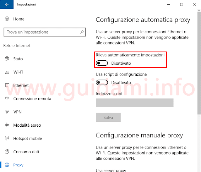 Windows 10 Impostazioni per disattivare WPAD