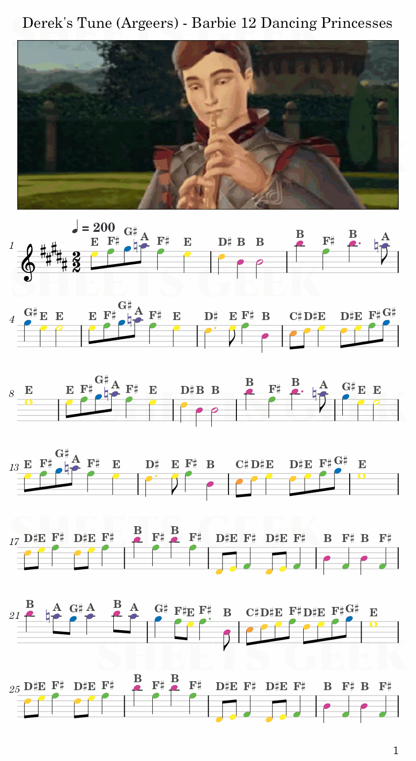 Derek's Tune (Argeers) - Barbie 12 Dancing Princesses Easy Sheet Music Free for piano, keyboard, flute, violin, sax, cello page 1