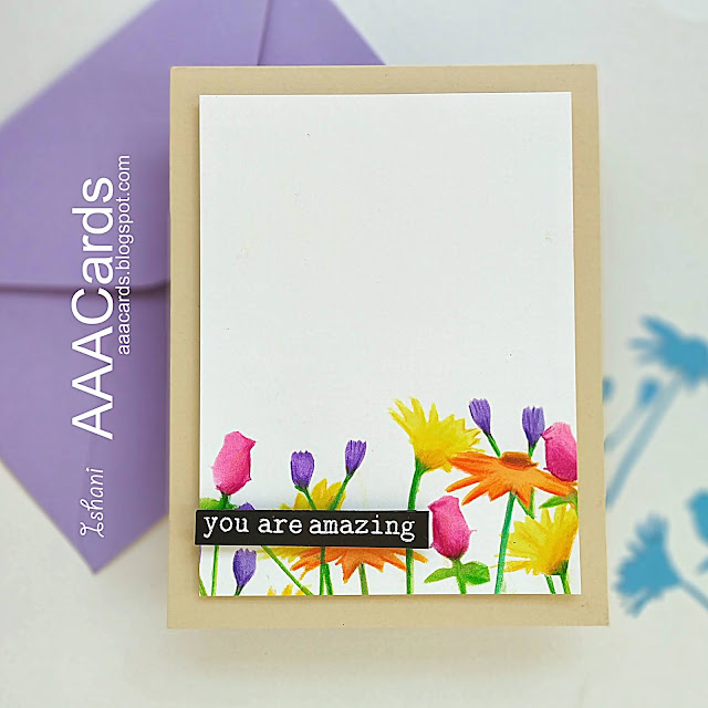 AAA Cards, CAS card, Clean and simple card, STAMPlorations stencils - Bloom SilhouettePolychromos, Quillish, Stamplorations, stencil card, stenciling