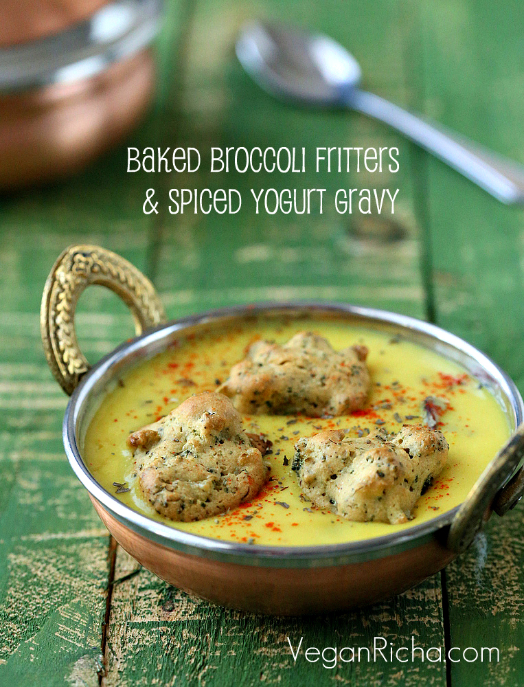 Baked Broccoli Fritters with Spiced Yogurt Pakore waali Vegan Punjabi Kadhi. Vegan Glutenfree