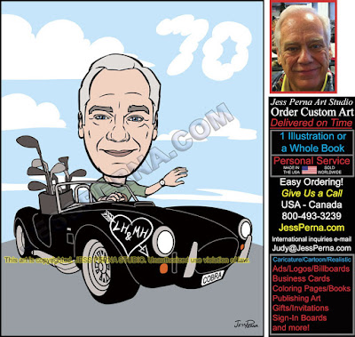 Golfer Driving Shelby Cobra Retirement Gift Caricature