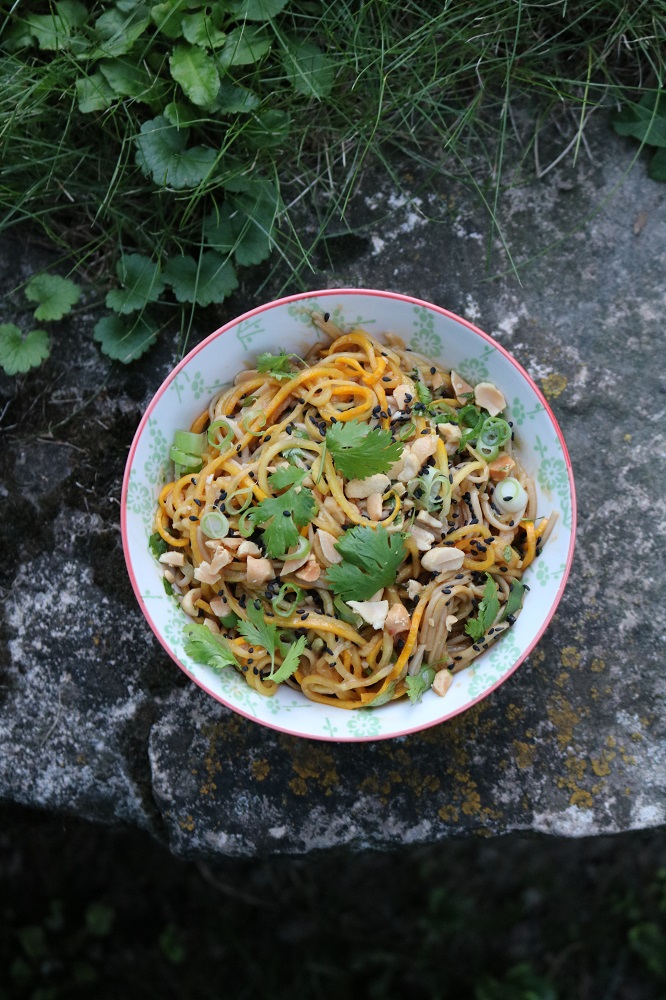 Gourmandises végétariennes: Sobanudeln mit Zucchini und Erdnusssauce Gourmandises végétariennes: Sobanudeln mit Zucchini und Erdnusssauce