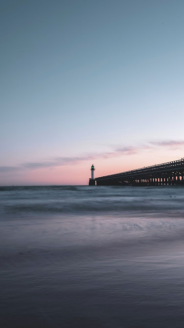 Screen background, Ocean, Twilight, Lighthouse, Tower, Pier