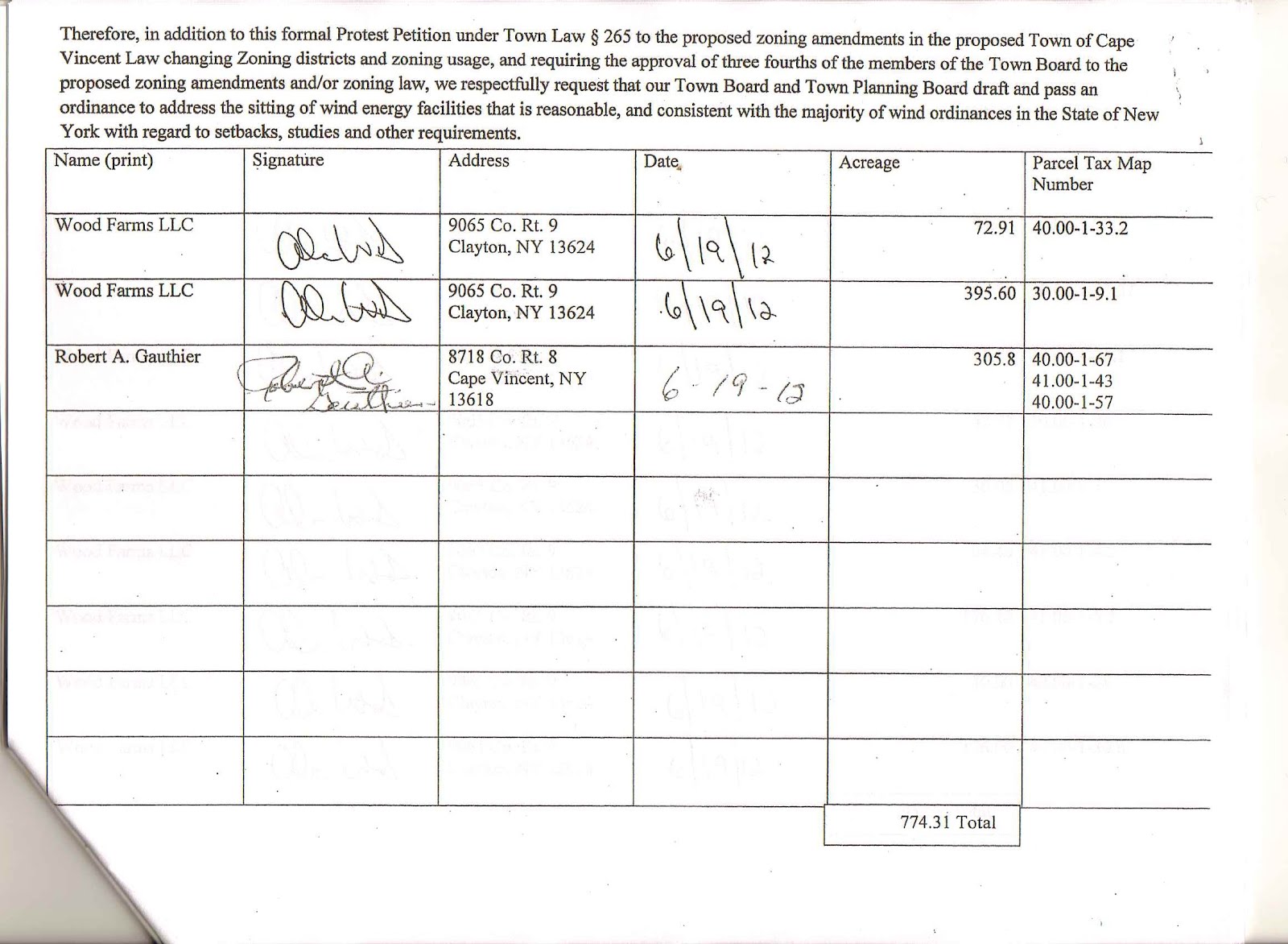 Cape Vincent Wind Farm A protest petition signed by Land owners that