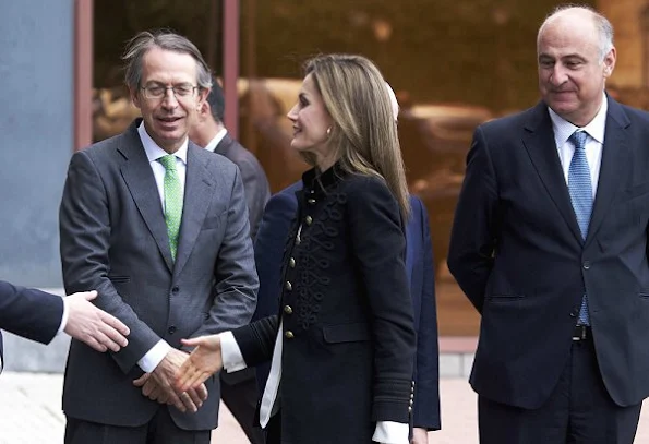 Queen Letizia of Spain attended ordinary meeting of the BBVA Foundation  Advisory Board at BBVA Headquarters. Letizia carried Malababa clutch, Hugo Boss jacket and Magrit pumps