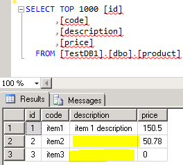 bcp "SELECT [code],[description],[price] FROM [TestDB1].[dbo].[product]" queryout "c:tmptestExtract.csv" -c -C 1253 -t ; -S ".SQL2K14" -T