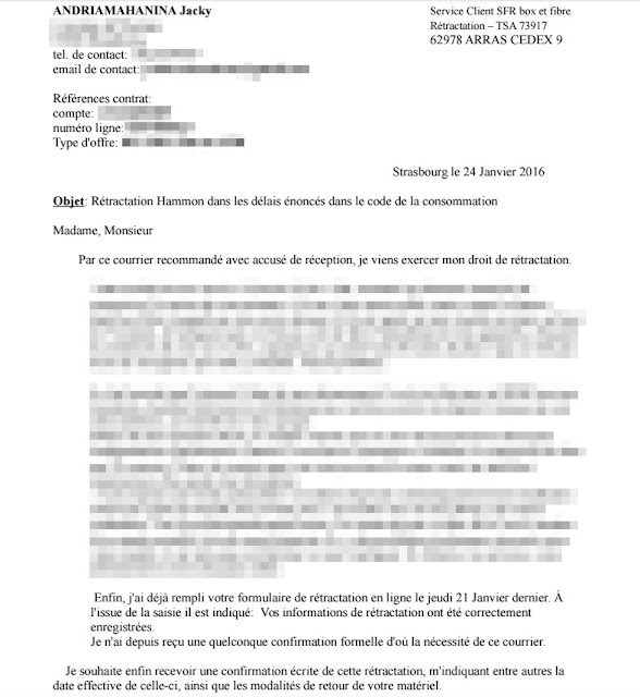 modèle lettre rétractation 14 jours sfr