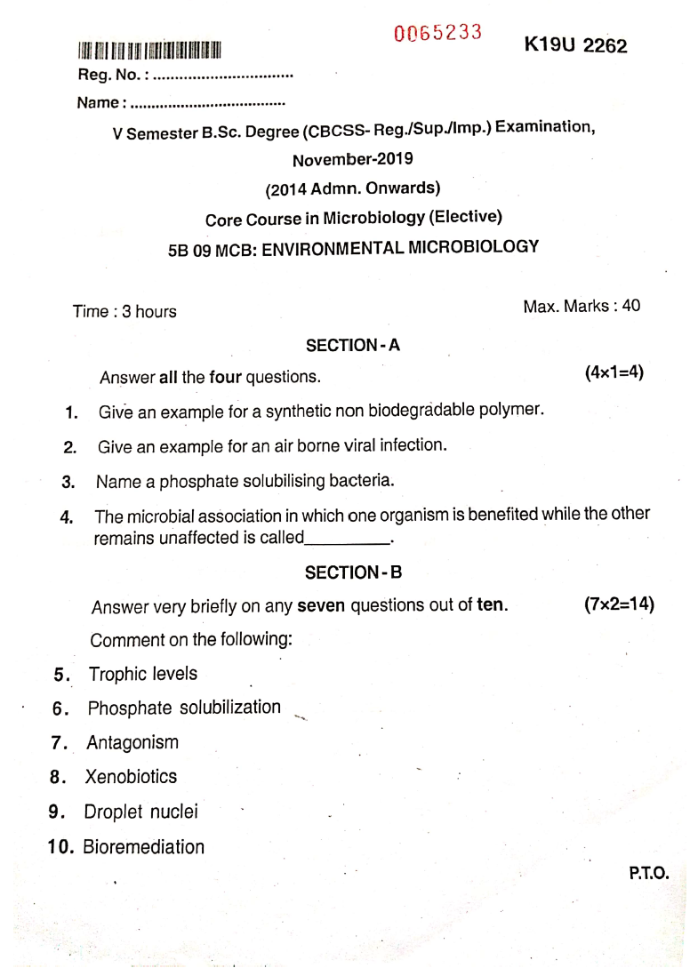 Kannur University B.Sc Microbiology (Elective) 5B 09 MCB ENVIRONMENTAL