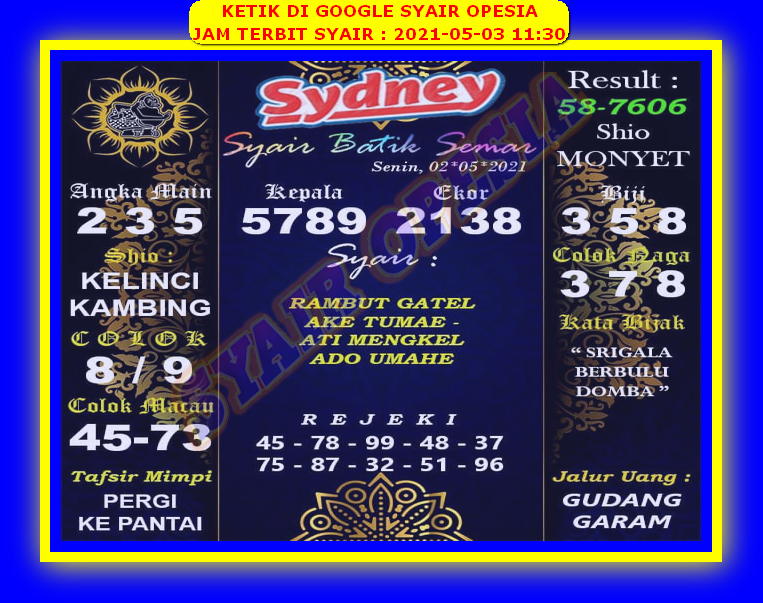Syair Sydney Senin Hari Ini 3 Mei 2021 Royal Syair
