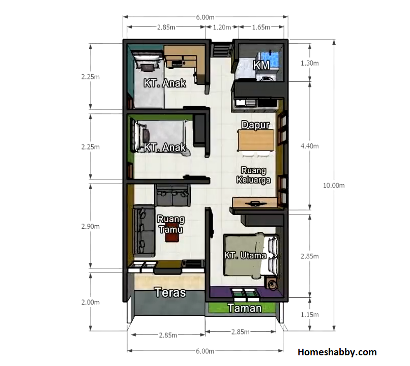 Desain dan  Denah  Rumah  Pedesaan dengan Ukuran 6 x 10 M Memiliki 3  Kamar  Tidur Konsep Sederhana 
