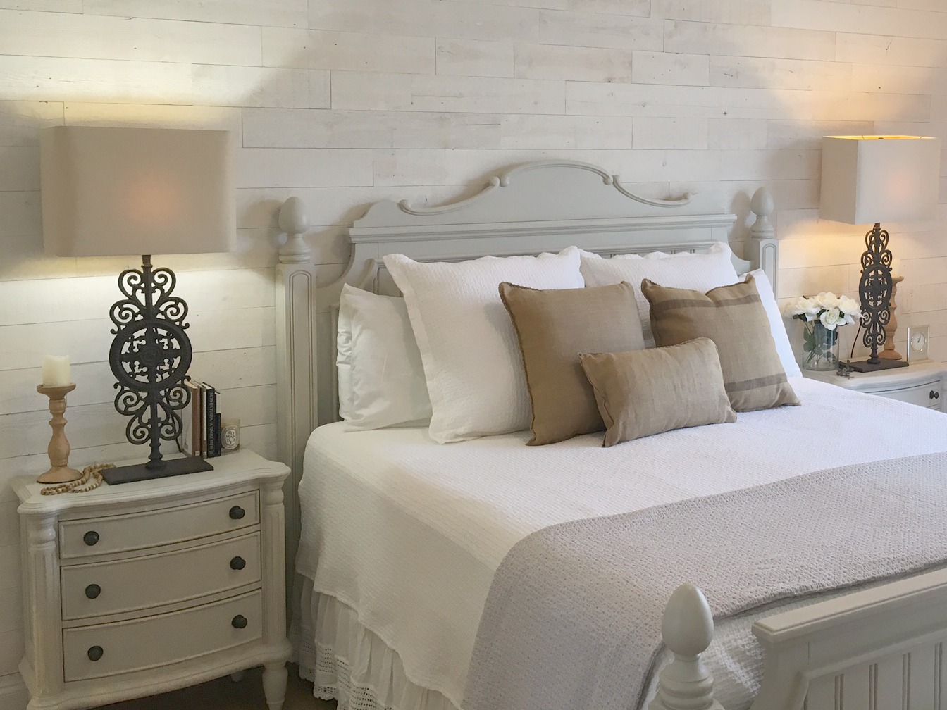 Wood plank wall in bedroom at Hello Lovely fixer upper Stikwood Hamptons.