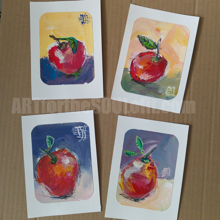 painting lesson: four apples painted in acrylic paint