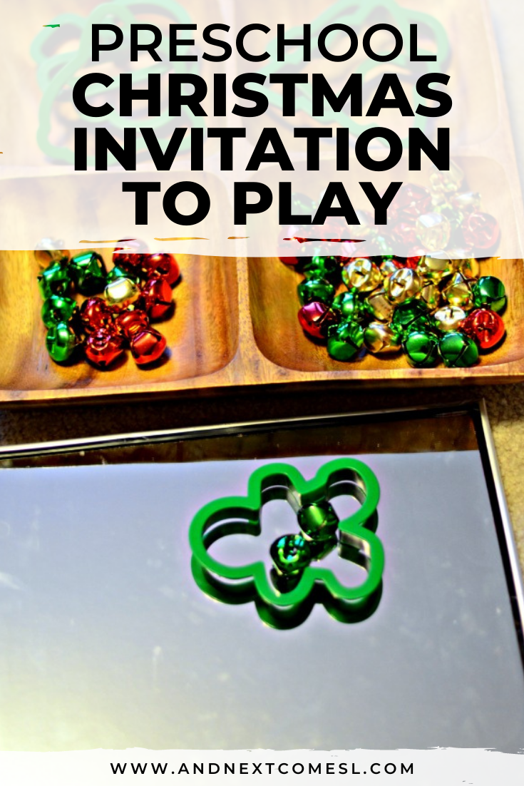 Christmas invitation to play for toddlers and preschoolers using jingle bells and mirrors