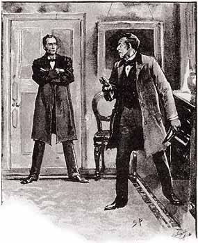 Sherlock Holmes confronts James Windibank at 221 B Baker Street in Sidney Paget's illustration for A Case of Identity