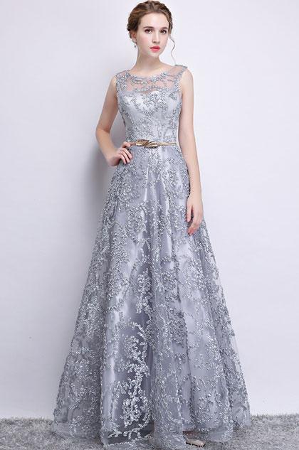 Grey Sleeveless Lace Applique Tulle Party Dress