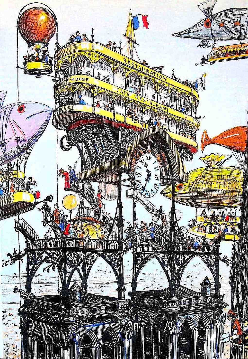 1883 futurist Albert Robida a color drawing by 1883 futurist Albert Robida, restauration