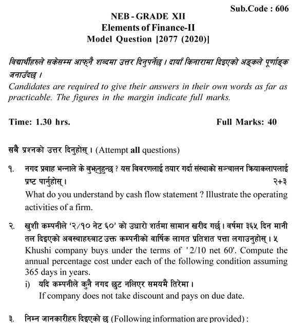 NEB Grade 12 Elements of FinanceII Model Questions