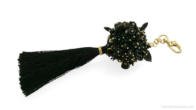 Unique black fluffy beaded ball keyring