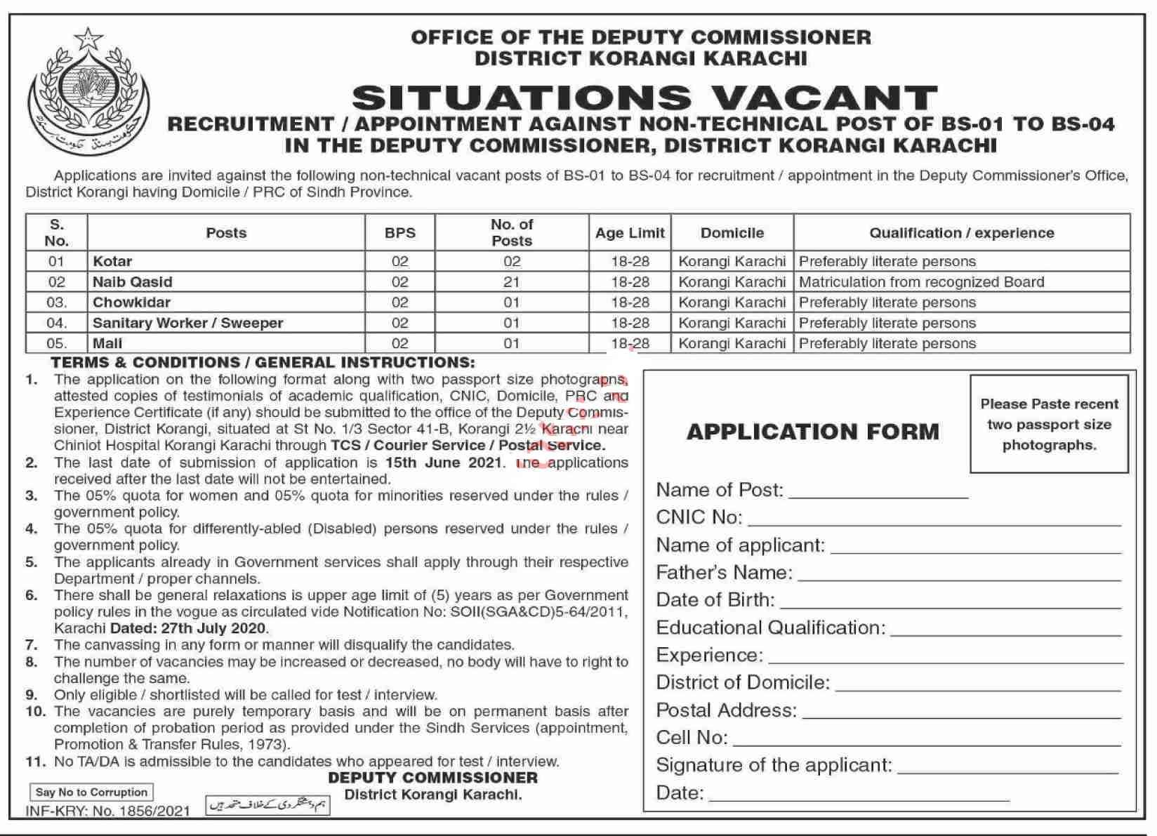Deputy Commissioner District Office Human Resource Posts Karachi 2021