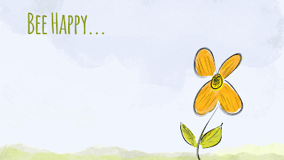 A cartoon bee moves towards a flower, which then smiles and lets out pollen, in this animated gif