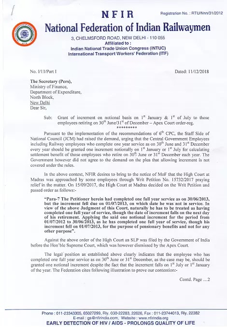 Grant Notional Increment on 1st January & 1st July to calculate the terminal/retirement benefits – NFIR request to MoF Grant Notional Increment on 1st January & 1st July to calculate the terminal/retirement benefits – NFIR request to MoF