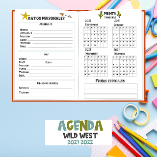 AGENDA ESCOLAR, A5, 2021, 2022, PDF, IMPRIMIR, MOSNTRUOS, HADAS, MARY POPPINS, INDIOS, VAQUEROS, WILD WEST