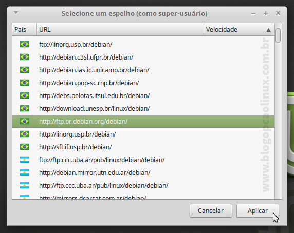 Selecione o espelho referente ao repositório oficial do Debian