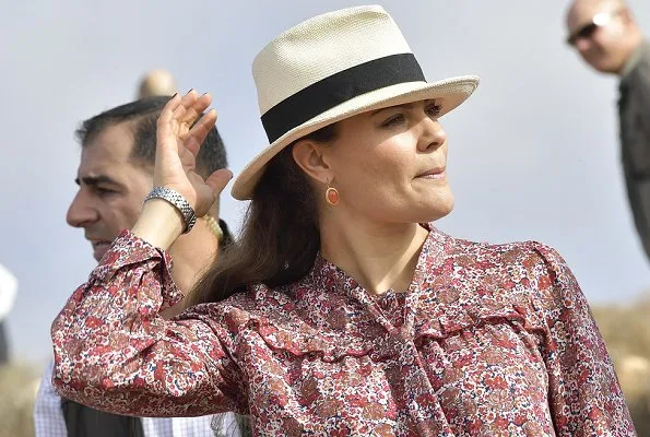 Crown Princess Victoria is wearing Ruffle-trimmed floral-print silk blouse and, Caroline Svedbom gold earrings