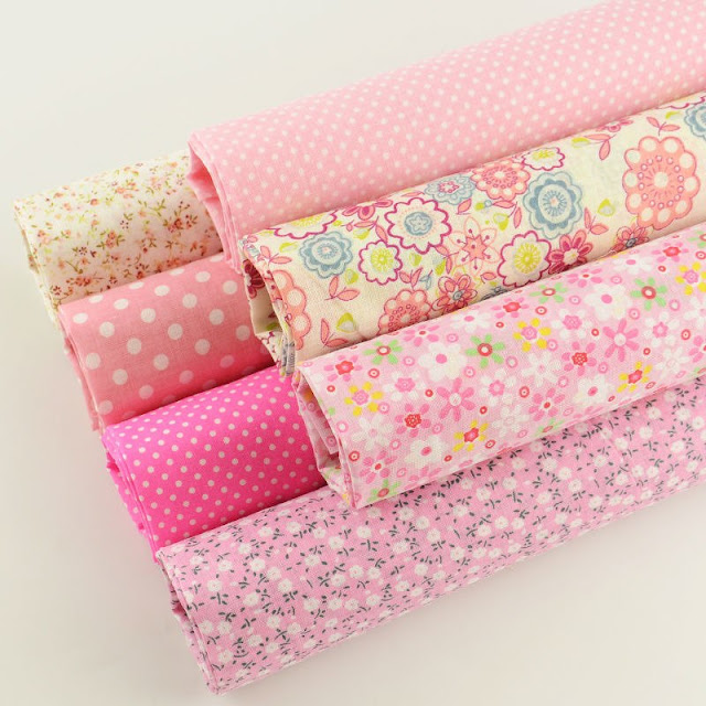 Booksew Pink Printed Lovely Flowers And Dots 7 Pieces Plain Fabric Bundle For Doll's DIY Carfts Sewing Quilting Meter Tissue