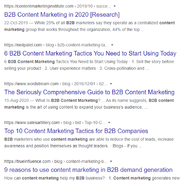 The search results returned from Google for "content marketing for b2b "