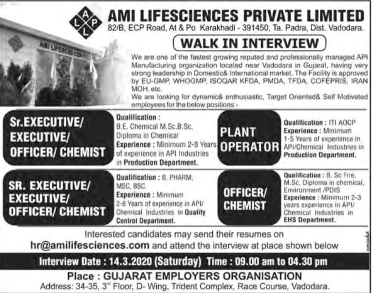 Ami life sciences Walkin for Production on 14 Mar 2020 at Vadodara