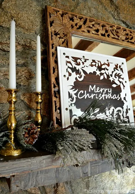 Merry Christmas Gift Bag Wooden Sign on mantel
