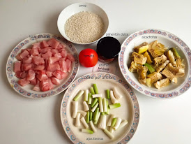 ingredientes arroz con lomo, alcachofas y ajos tiernos