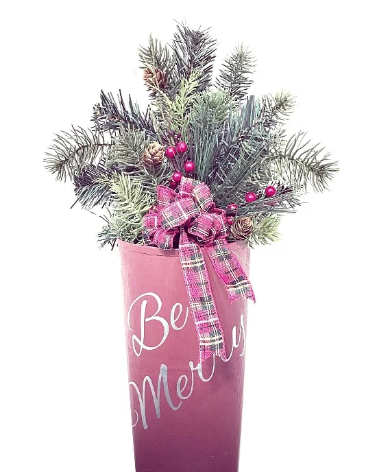 Be Merry repurposed wall pocket with holiday greens and a plaid bow