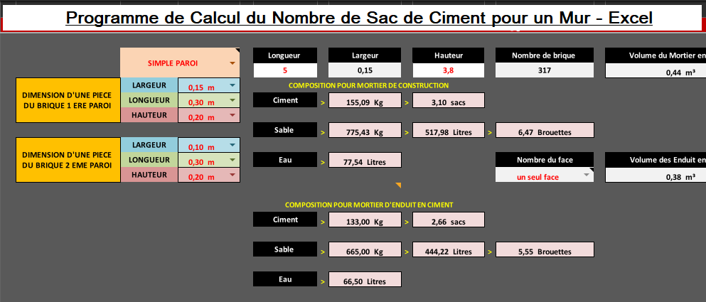 Programme en excel pour " CALCUL DU NOMBRE DE SAC DE CIMENT POUR UN